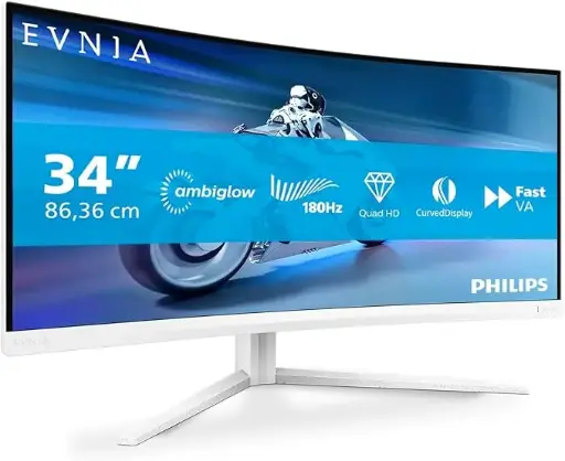 [34M2C5501A/89] Philips Evnia 34M2C5501A 34" WQHD Curved Gaming Monitor with 180Hz refresh, 1ms response, FreeSync Premium, Ambiglow lighting, and USB hub. 34M2C5501A