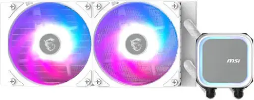 [306-7ZWCA21-L80] MSI MAG CORELIQUID A13 240 Cooler with a 240mm radiator, dual high-airflow fans, 3800 RPM pump, and efficient rifle-bearing design in white. 306-7ZWCA21-L80