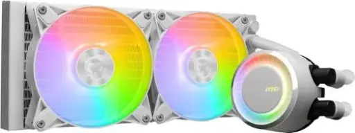 [306-7ZW5E27-C24] MSI MAG CORELIQUID E240 cooler featuring a 240mm radiator, dual high-airflow fans, 3000 RPM pump, FDB bearings, and clean white design. 306-7ZW5E27-C24