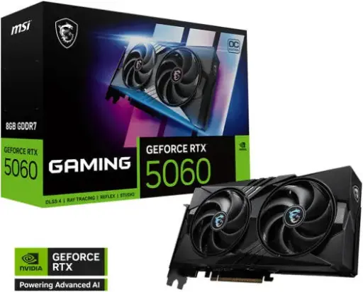 [912-V537-023] MSI GeForce RTX 5060 GAMING OC 8GB with GDDR7 128-bit memory, 2625MHz boost clock, 28Gbps speed, and 3840 CUDA cores for smooth next-gen gaming. 912-V537-023