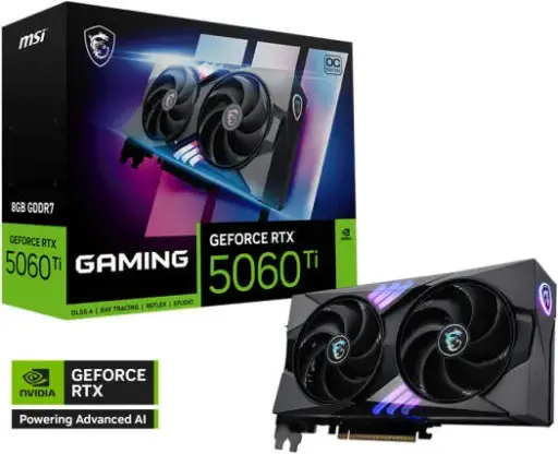 [912-V536-026] MSI RTX 5060 Ti GAMING OC 8GB with GDDR7 128-bit memory, 2647MHz boost clock, 4608 CUDA cores, 28Gbps speed, and PCIe Gen5 x16. 912-V536-026