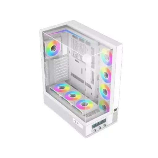 [EN45172] Xigmatek Vision Pro Arctic E-ATX Case with LCD panel, 1× G24A Arctic + 7× reverse fans, 480mm radiator support, and triple tempered glass in white. EN45172
