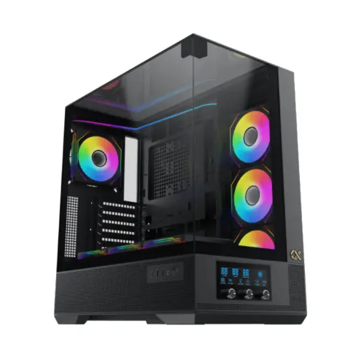 [EN45196] Xigmatek Vision E-ATX Case with LCD display panel, 1× G24A + 6× reverse fans, 360mm radiator support, tempered glass panels, and sleek airflow design. EN45196