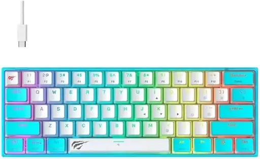[KB877L] Havit KB877L membrane gaming keyboard features 61 keys, RGB backlighting, multimedia controls, and a USB-C wired design in a stylish blue and white layout. KB877L